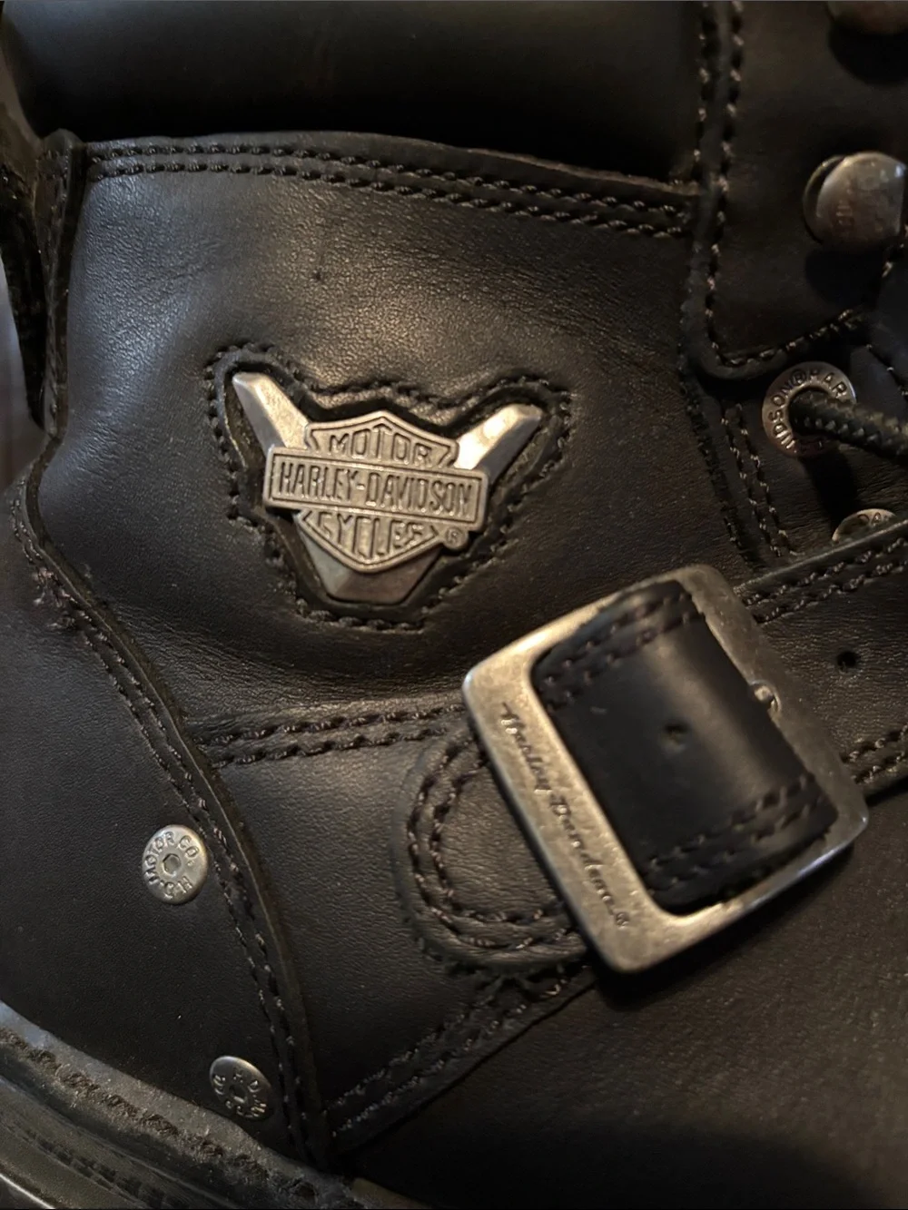 Harley-Davidson Black Leather Lace-Up Motorcycle Boots with Strap